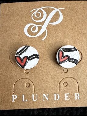 Plunder White and Coral Heart Stud Earrings Baseball/Softball